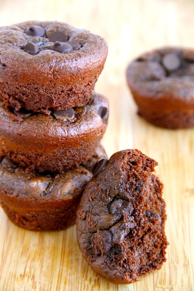 Flourless Double Chocolate Chip Muffins -- made without flour, butter, oil, or grains, but so soft and fluffy that you'd never be able to tell! || runningwithspoons.com #chocolate #muffins #glutenfree #healthy #recipe