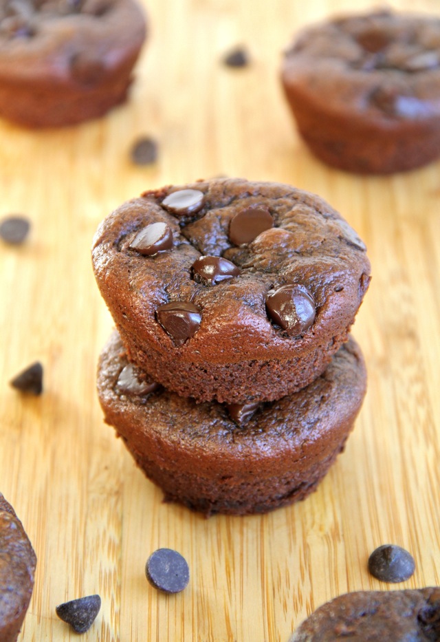 Flourless Double Chocolate Chip Muffins -- made without flour, butter, oil, or grains, but so soft and fluffy that you'd never be able to tell! || runningwithspoons.com #chocolate #muffins #glutenfree #healthy #recipe