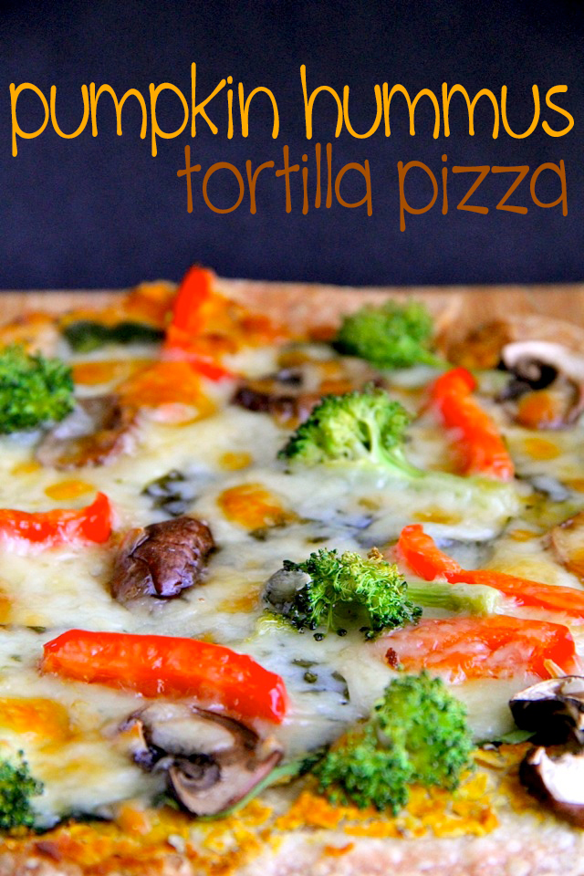 Pumpkin Hummus Tortilla Pizza -- A non-traditional pizza that replaces tomato sauce with pumpkin hummus and trades in pizza dough for a simple tortilla that gets crispy on the edges and remains soft and gooey towards the centre.