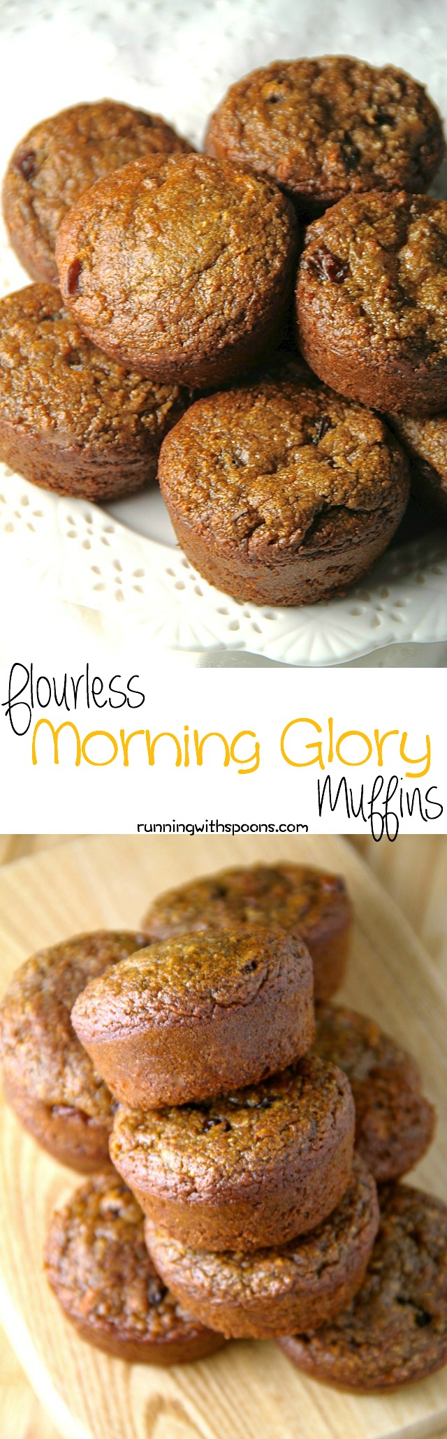 These delicious Flourless Morning Glory Muffins are gluten-free, refined sugar-free, dairy-free, oil-free and whipped up in the blender in under 5 minutes flat! || runningwithspoons.com #glutenfree #muffins