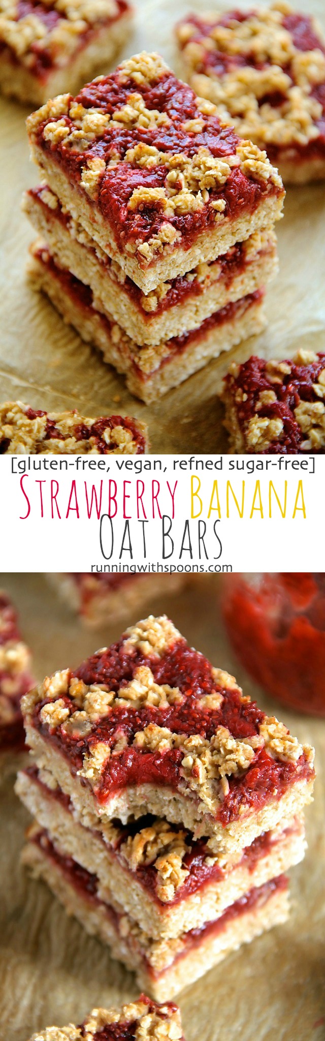 Strawberry Banana Oat Bars -- you'd never believe that these soft and chewy oat bars are vegan, gluten-free, refined sugar-free, and made without any butter or oil! || runningwithspoons.com