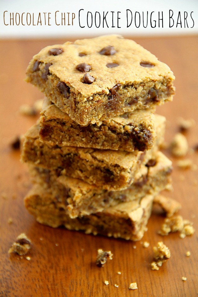 Chocolate Chip Cookie Dough Bars -- these soft and chewy vegan cookie dough bars are naturally sweetened with dates and maple syrup! Healthy and delicious, they're a great way to satisfy those cookie cravings! || runningwithspoons.com
