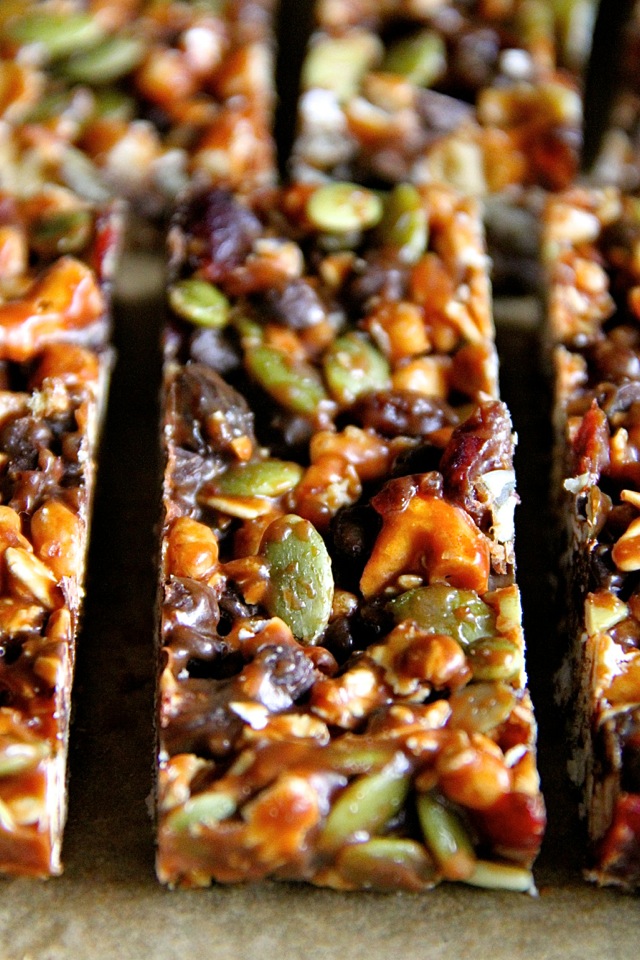 No Bake Trail Mix Granola Bars -- sweet, salty, chewy, and crisp, these granola bars are sure to satisfy any craving! || runningwithspoons.com #glutenfree #vegan