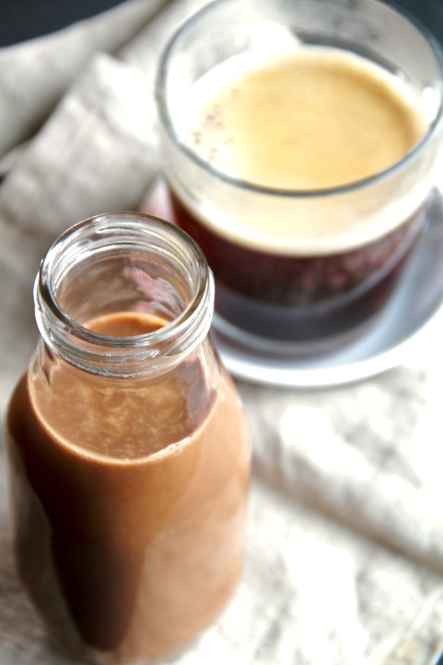 Dairy-free Peppermint Mocha Coffee Creamer -- this naturally sweetened, vegan coffee creamer is a healthy and delicious alternative to store-bought creamers. It's gluten-free, Paleo-friendly, and tastes AMAZING! || runningwithspoons.com #vegan #coffee #healthy #diy