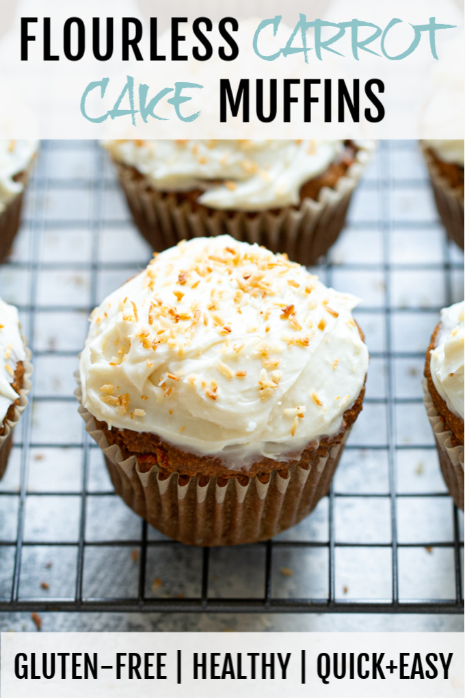 Flourless carrot cake muffins with cream cheese frosting.