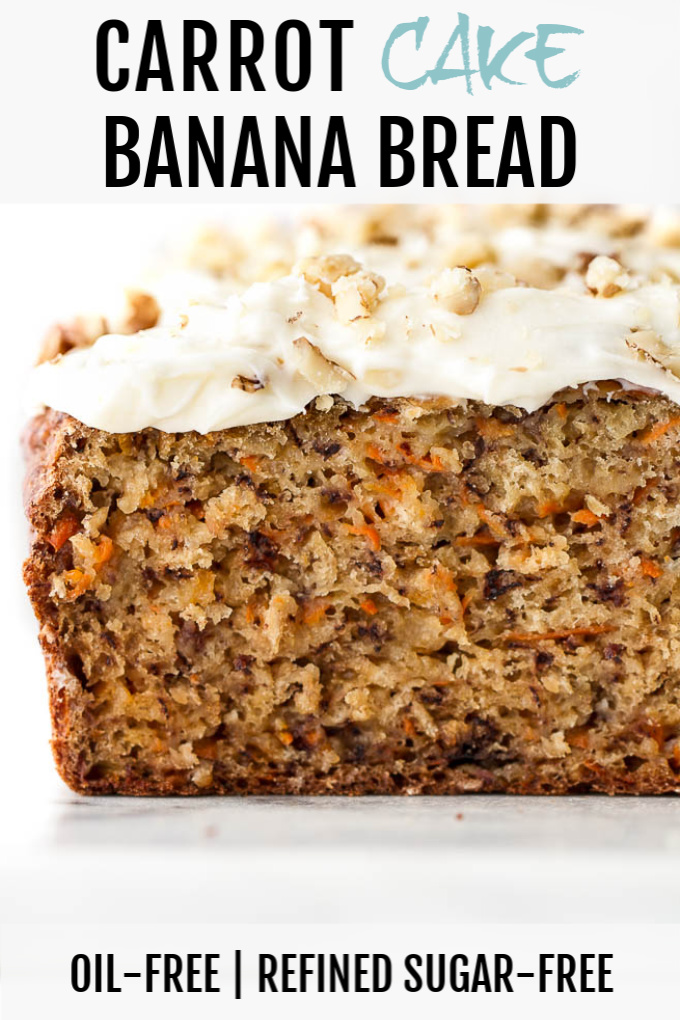 Sliced carrot cake banana bread with cream cheese frosting and chopped walnuts on top. The texture is especially tender.