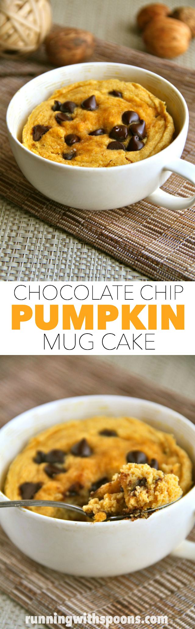 Chocolate Chip Pumpkin Mug Cake -- soft, fluffy, and crazy delicious! Whip up this gluten-free mug cake in under 5 minutes for a healthy and delicious treat! || runningwithspoons.com #pumpkin #fall