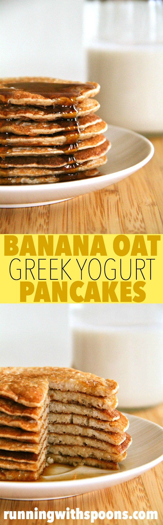 Banana Oat Greek Yogurt Pancakes - a quick and easy gluten-free breakfast that packs over 20g of whole food protein in under 300 calories for the ENTIRE recipe! | runningwithspoons.com #healthy