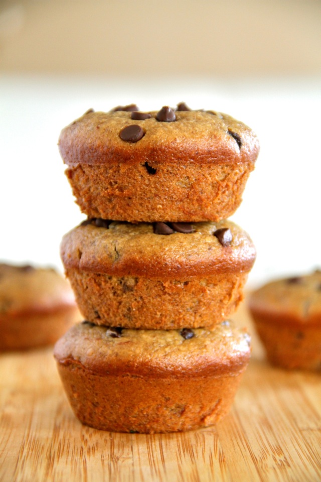 Flourless Chocolate Chip Almond Butter Muffins -- gluten-free, sugar-free, dairy-free, and oil-free, but so soft and fluffy that you'd never know they were healthy! || runningwithspoons.com #muffins #flourless #healthy