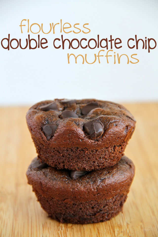 Flourless Double Chocolate Chip Muffins -- made without flour, butter, oil, or grains, but so soft and fluffy that you'd never be able to tell! || runningwithspoons.com #chocolate #muffins #glutenfree #healthy #recipe