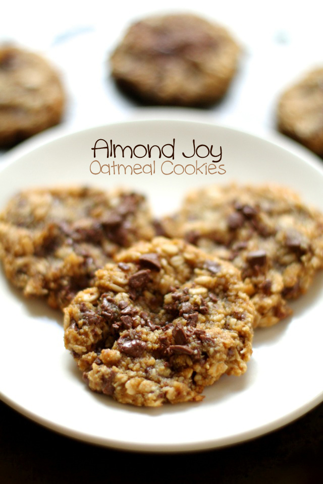 Almond Joy Oatmeal Cookies -- almond flour, coconut, and chocolate in a soft and chewy gluten-free oatmeal cookie || runningwithspoons.com #glutenfree #healthy #cookies