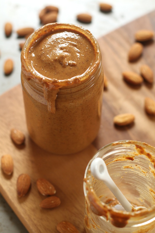 Homemade Creamy Maple Roasted Almond Butter -- easy, healthy, delicious, and so much better than store-bought! || runningwithspoons.com