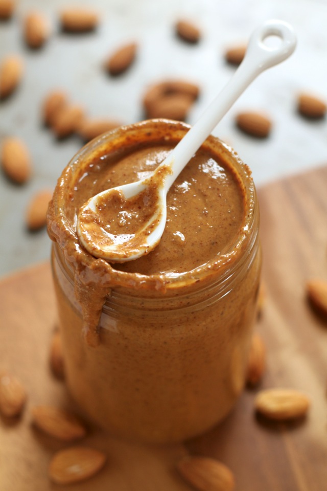 Homemade Creamy Maple Roasted Almond Butter -- easy, healthy, delicious, and so much better than store-bought! || runningwithspoons.com