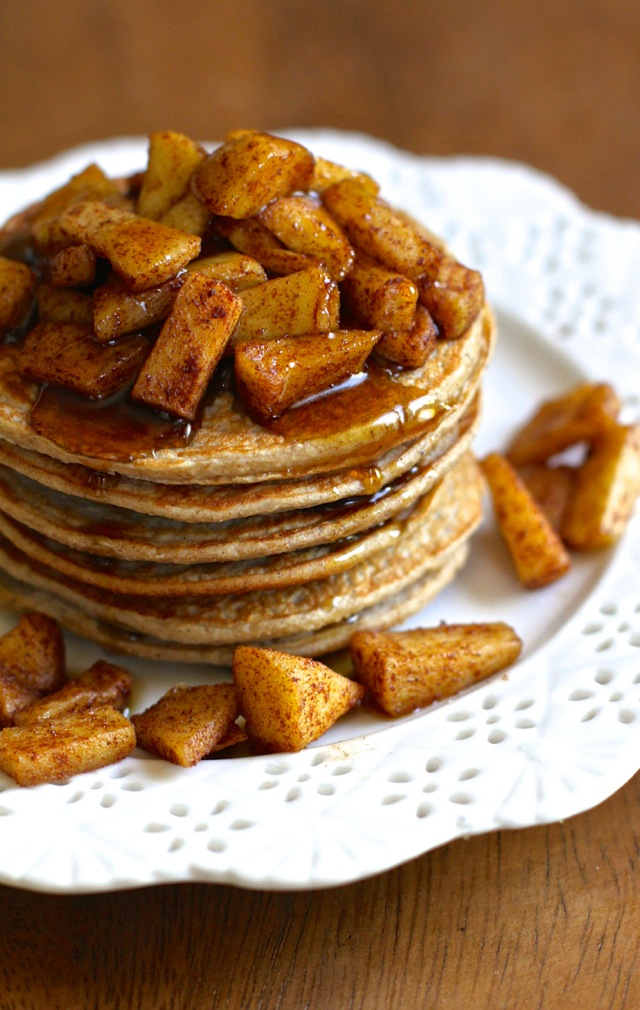 Apple Oat Greek Yogurt Pancakes -- lighty, fluffy, and gluten-free. A quick and easy breakfast that packs over 20g of protein! || runningwithspoons.com #pancakes #breakfast #apple