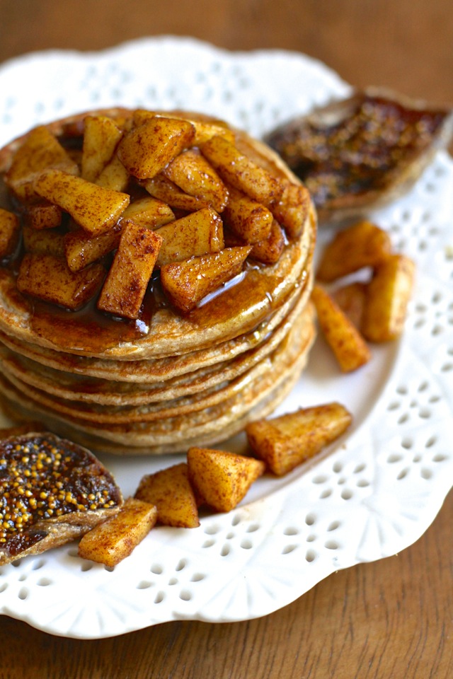 Apple Oat Greek Yogurt Pancakes -- lighty, fluffy, and gluten-free. A quick and easy breakfast that packs over 20g of protein! || runningwithspoons.com #pancakes #breakfast #apple