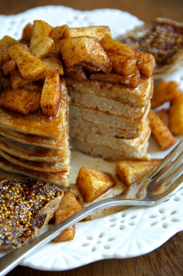 Apple Oat Greek Yogurt Pancakes -- lighty, fluffy, and gluten-free. A quick and easy breakfast that packs over 20g of protein! || runningwithspoons.com #pancakes #breakfast #apple