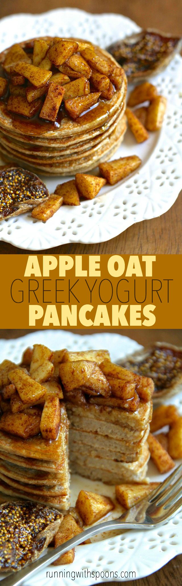 Apple Oat Greek Yogurt Pancakes -- lighty, fluffy, and gluten-free. A quick and easy breakfast that packs over 20g of protein! || runningwithspoons.com #pancakes #breakfast #apple