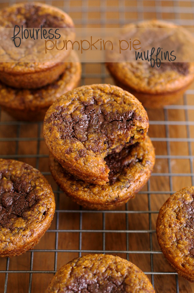 Flourless Pumpkin Pie Muffins -- you won't miss the flour, oil, or sugar in these soft and tender muffins! || runningwithspoons.com #glutenfree #pumpkin #muffins