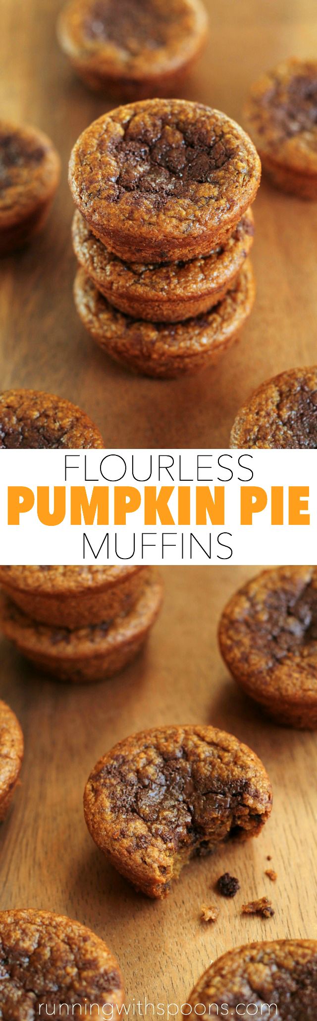 Flourless Pumpkin Pie Muffins -- you won't miss the flour, oil, or sugar in these soft and tender muffins! || runningwithspoons.com #glutenfree #pumpkin #muffins