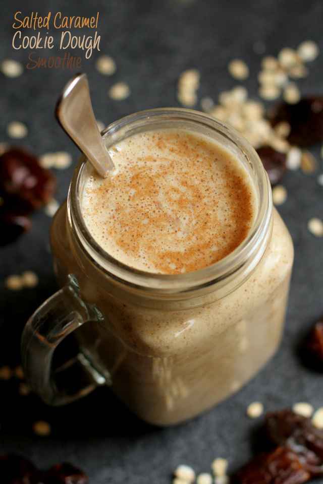 Salted Caramel Cookie Dough Smoothie -- cool, creamy, and ridiculously comforting. You'll never believe that it's actually healthy! || runningwithspoons.com #cookiedough #smoothie #vegan