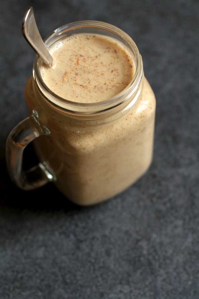 Salted Caramel Cookie Dough Smoothie -- cool, creamy, and ridiculously comforting. You'll never believe that it's actually healthy! || runningwithspoons.com #cookiedough #smoothie #vegan