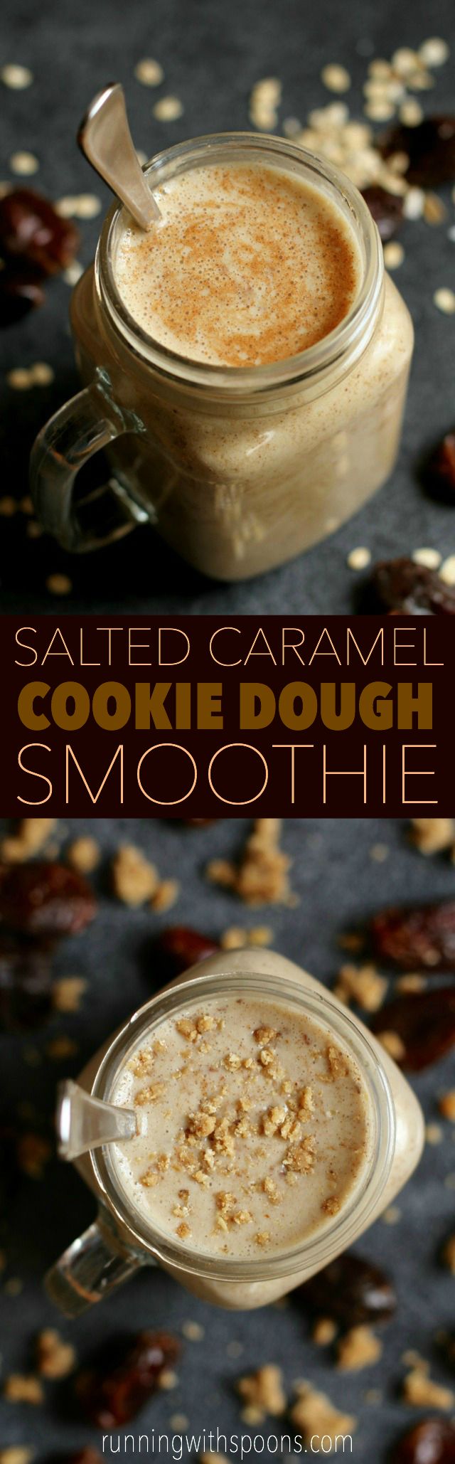 Salted Caramel Cookie Dough Smoothie -- cool, creamy, and ridiculously comforting. You'll never believe that it's actually healthy! || runningwithspoons.com #cookiedough #smoothie #vegan