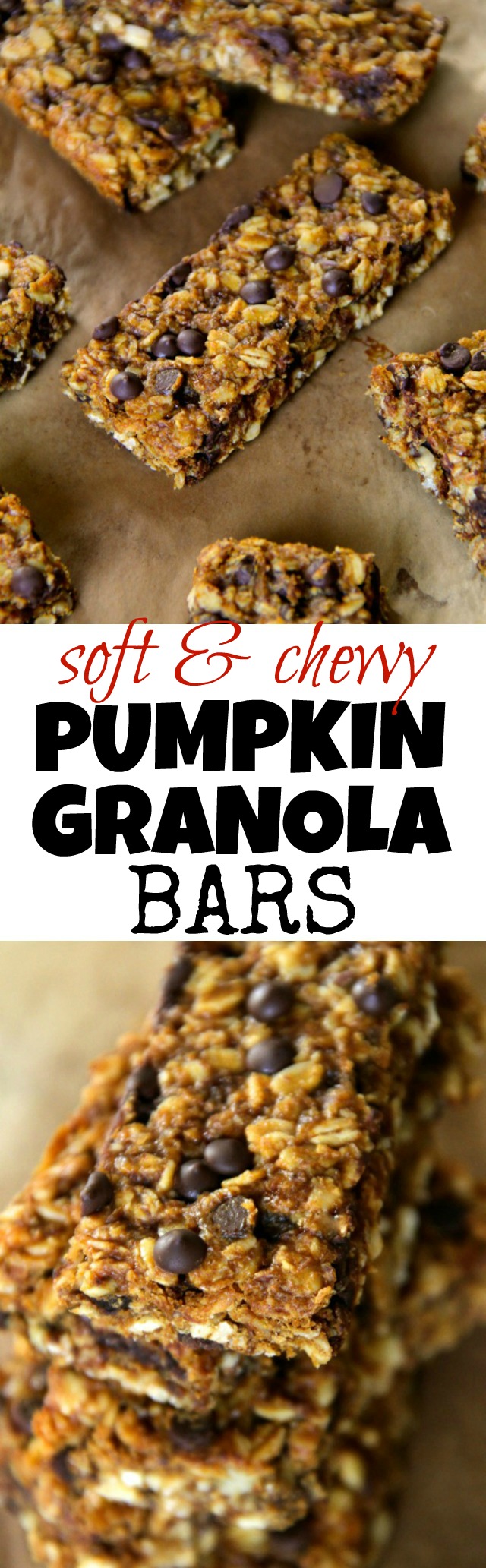 Soft and Chewy Pumpkin Granola Bars -- loaded with oats, pumpkin, chocolate, and warming spices! || runningwithspoons.com #pumpkin #granolabar