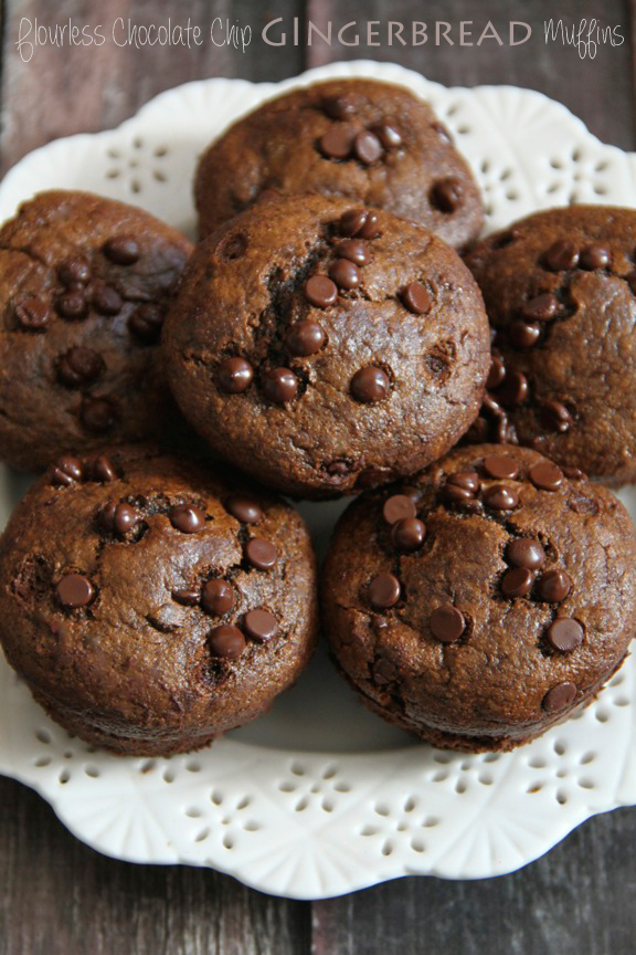 Flourless Chocolate Chip Gingerbread Muffins -- made without flour, butter, oil, or refined sugar, but so soft and tender that you'd never be able to tell! || runningwithspoons.com #glutenfree #gingerbread #muffins