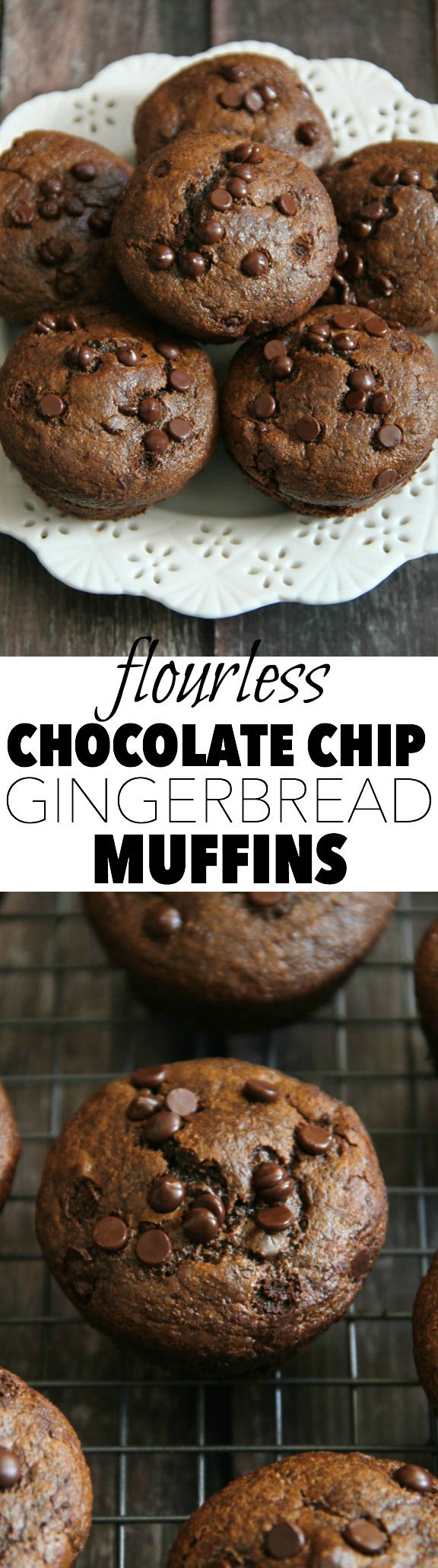 Flourless Chocolate Chip Gingerbread Muffins -- made without flour, butter, oil, or refined sugar, but so soft and tender that you'd never be able to tell! || runningwithspoons.com #glutenfree #gingerbread #muffins