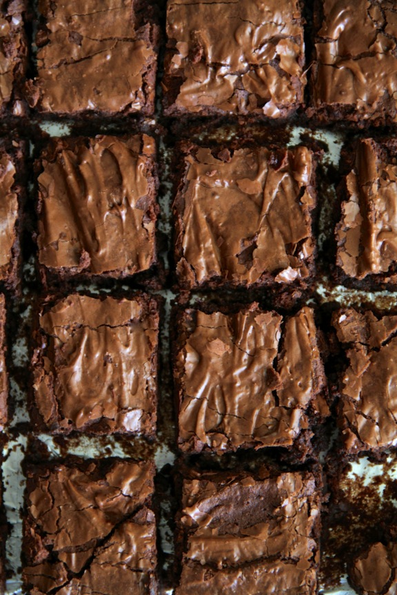 Flourless double chocolate brownies cut into squares.