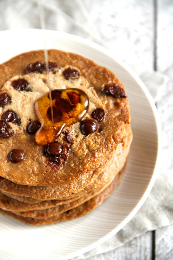 Chocolate Chip Gingerbread Greek Yogurt Pancakes -- Light, fluffy, and completely irresistible! || runningwithspoons.com #glutenfree #pancakes #breakfast