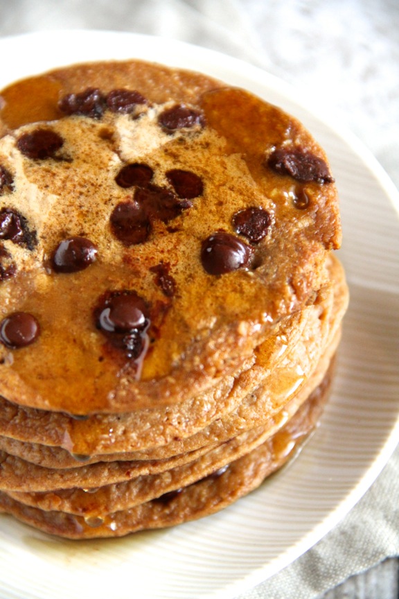 Chocolate Chip Gingerbread Greek Yogurt Pancakes -- Light, fluffy, and completely irresistible! || runningwithspoons.com #glutenfree #pancakes #breakfast