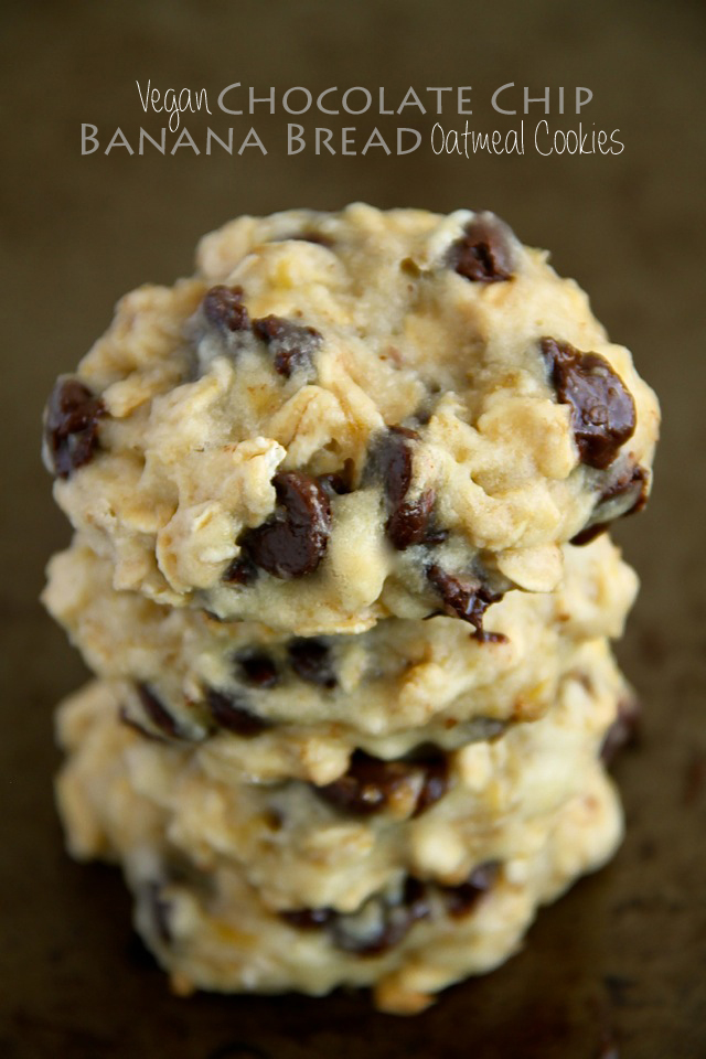 Vegan Chocolate Chip Banana Bread Oatmeal Cookies -- deliciously soft and chewy cookies that contain NO eggs or butter! || runningwithspoons.com #vegan #healthy