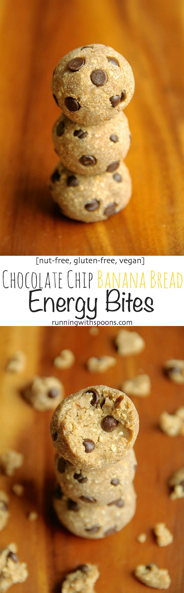 These 5-ingredient, no-bake Chocolate Chip Banana Bread Energy Bites are nut-free, gluten-free, vegan, and taste just like poppable bites of banana bread! || runningwithspoons.com #glutenfree #vegan