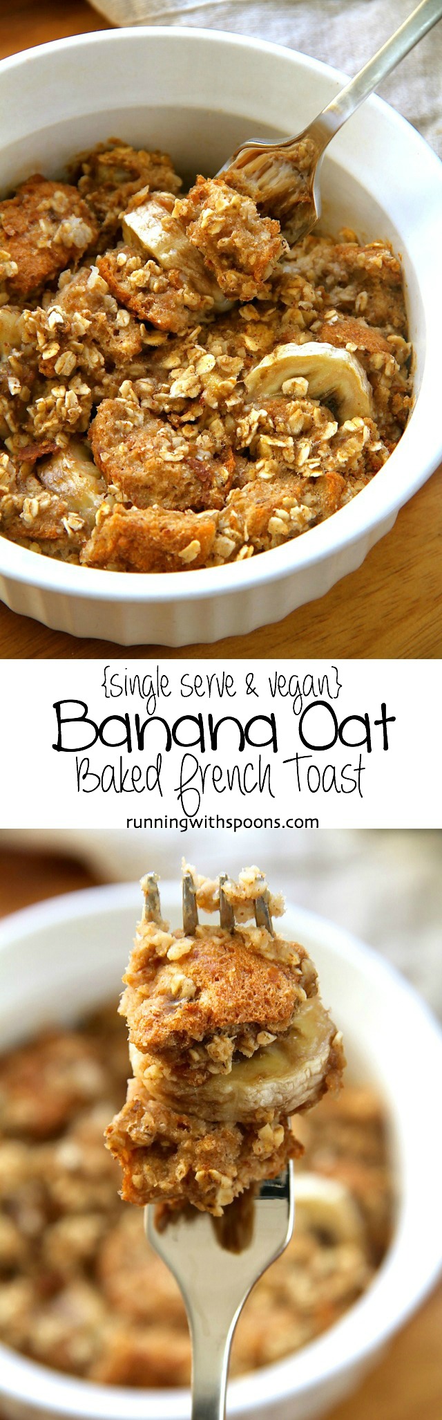 Banana Oat Baked French Toast -- a delicious single serve vegan breakfast that's packed with fibre and plant-based protein! || runningwithspoons.com #vegan #breakfast