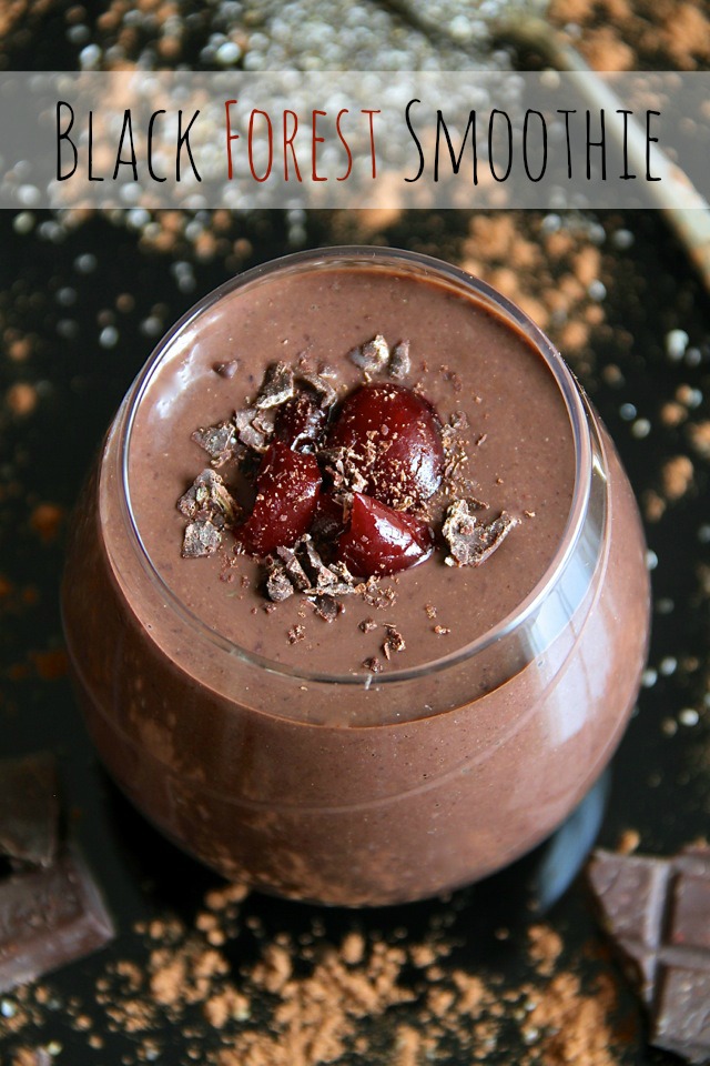 Black Forest Smoothie -- naturally sweet and loaded with antioxidants. You'd never believe this decadently chocolatey smoothie is super healthy! | runningwithspoons.com #vegan #recipe #chocolate