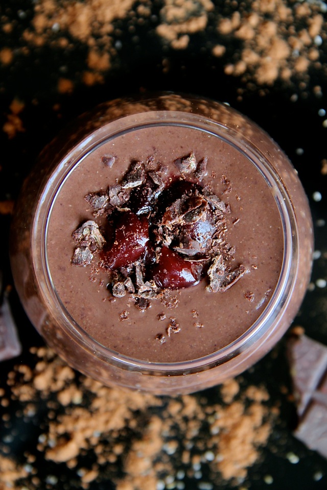 Black Forest Smoothie -- naturally sweet and loaded with antioxidants. You'd never believe this decadently chocolatey smoothie is super healthy! | runningwithspoons.com #vegan #recipe #chocolate