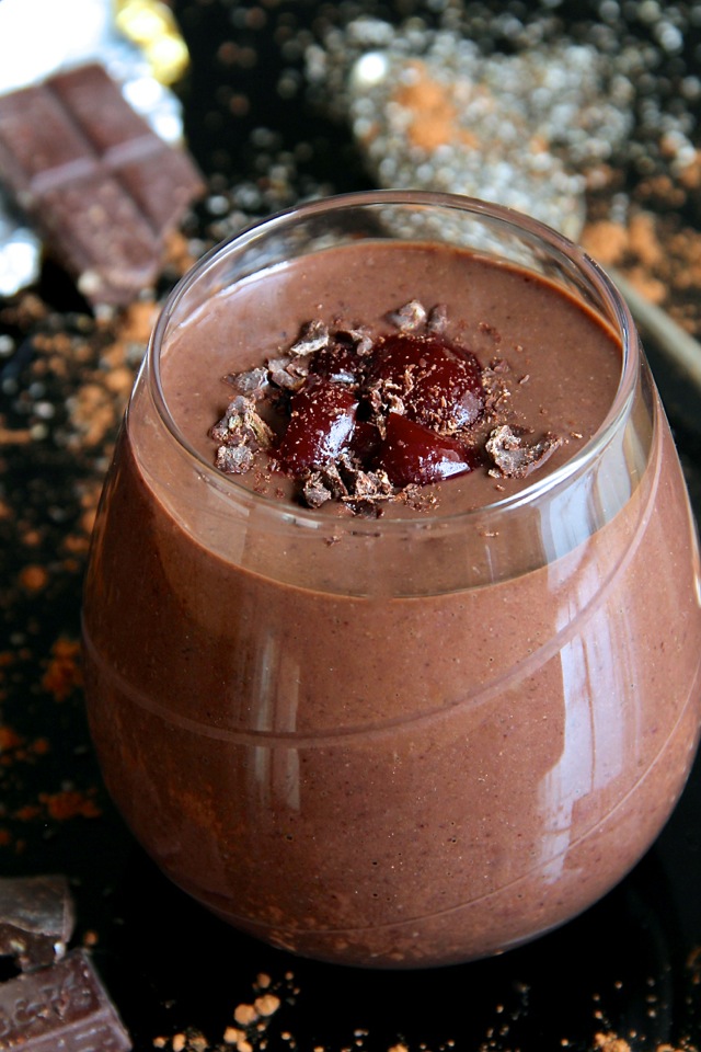 Black Forest Smoothie -- naturally sweet and loaded with antioxidants. You'd never believe this decadently chocolatey smoothie is super healthy! | runningwithspoons.com #vegan #recipe #chocolate