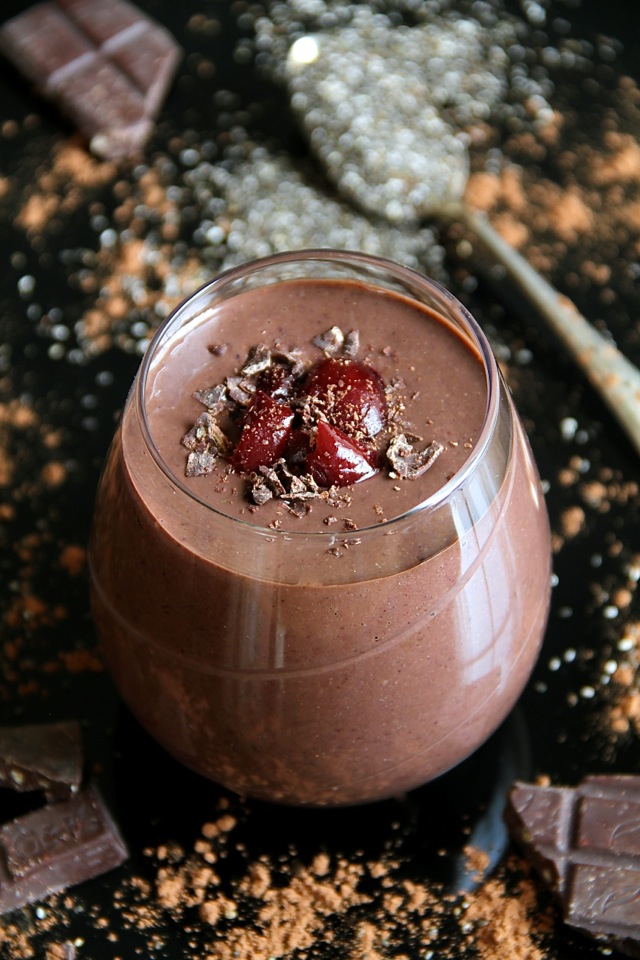 Black Forest Smoothie -- naturally sweet and loaded with antioxidants. You'd never believe this decadently chocolatey smoothie is super healthy! | runningwithspoons.com #vegan #recipe #chocolate