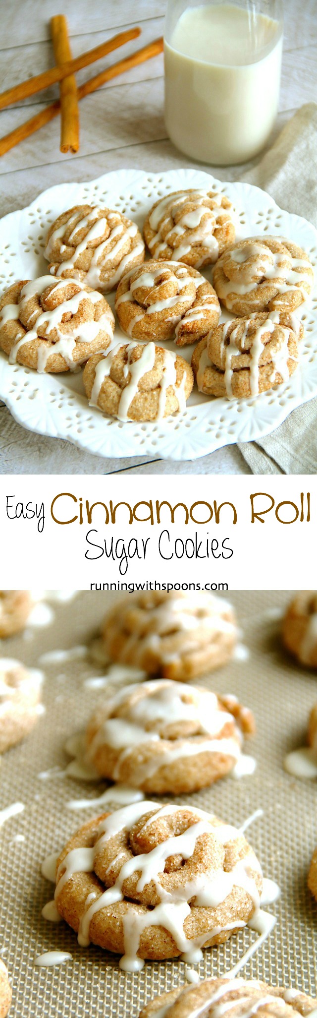 Cinnamon Roll Sugar Cookies -- they delicious cookies may look fancy and complicated, but they're super simple to make! || runningwithspoons.com