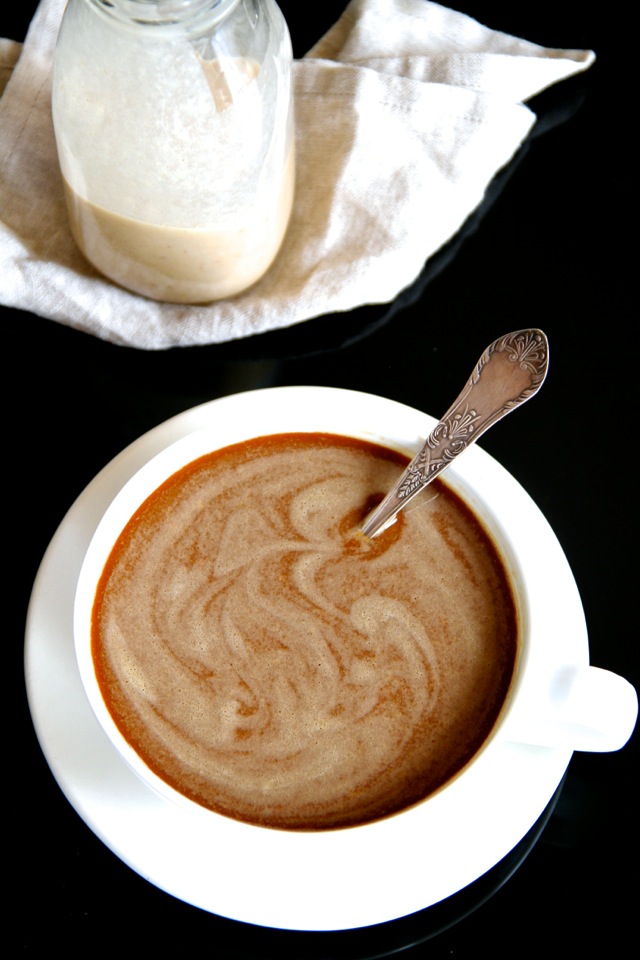 Dairy-free Coffee Creamer -- this naturally sweetened, vegan coffee creamer is a healthy and delicious alternative to store-bought creamers. It's gluten-free, Paleo-friendly, and tastes AMAZING! || runningwithspoons.com