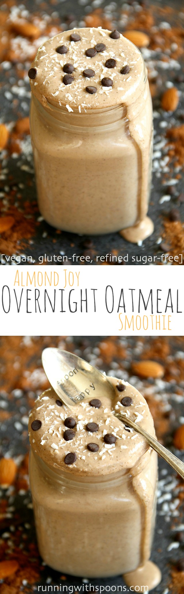 Almond Joy Overnight Oatmeal Smoothie - cool, creamy, and sure to keep you satisfied for hours! This vegan smoothie combines the flavours of chocolate, almonds, and coconut in a delicious and healthy breakfast! || runningwithspoons.com #vegan #healthy