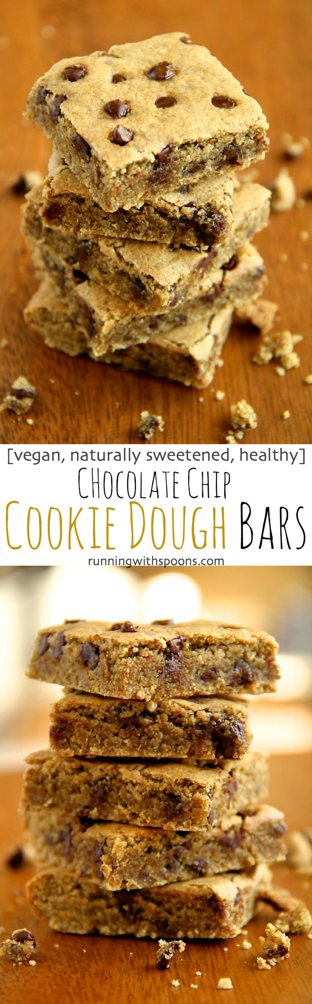 Chocolate Chip Cookie Dough Bars -- these soft and chewy vegan cookie dough bars are naturally sweetened with dates and maple syrup! Healthy and delicious, they're a great way to satisfy those cookie cravings! || runningwithspoons.com