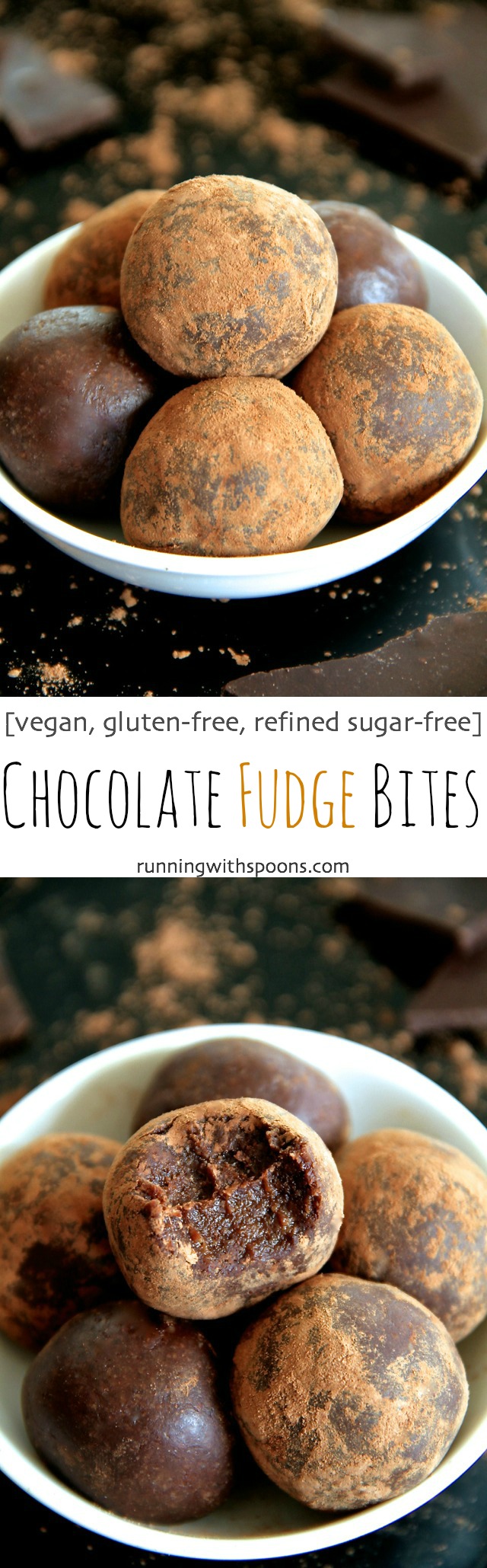 Chocolate Fudge Bites -- Soft, tender, and loaded with chocolate flavour, these melt-in-your-mouth bites taste ridiculously decadent while being made with good-for-you ingredients. Gluten-free, vegan, and customizable depending on your dietary needs, this is a healthy treat that everyone will love! || runningwithspoons.com