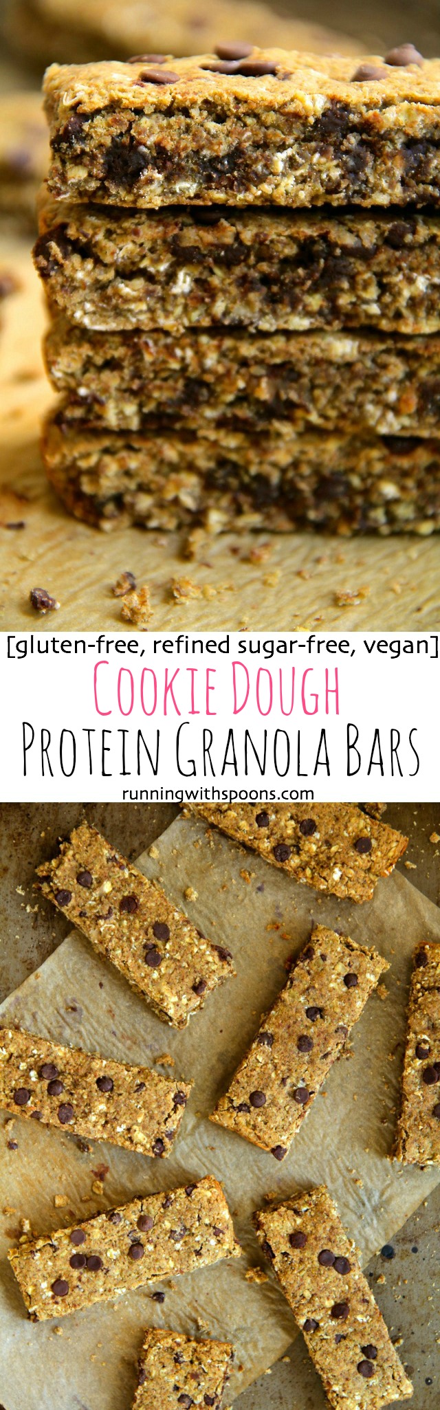 Cookie Dough Protein Granola Bars -- Soft, chewy, dense, and satisfying, these homemade granola bars are something you can really sink your teeth into. Gluten-free, refined sugar-free, vegan, and crazy delicious! || runningwithspoons.com