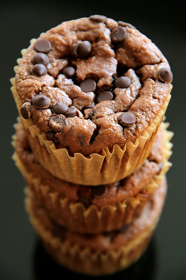 Double Chocolate Greek Yogurt Muffins -- you'd never believe that these soft and tender muffins are made with NO flour, butter, or oil! | runningwithspoons.com #recipe #healthy