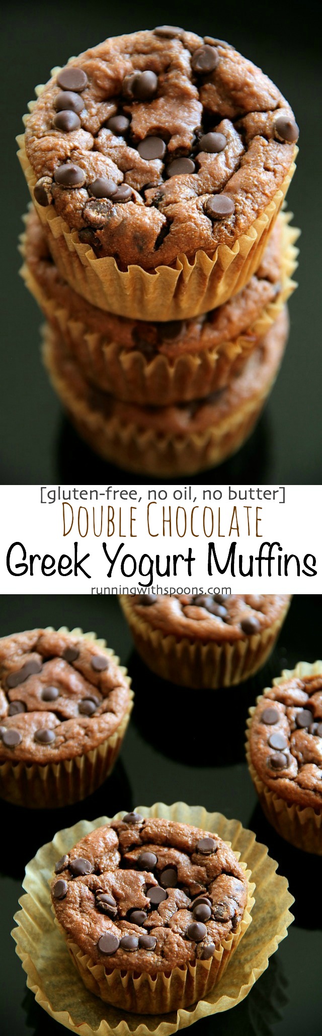 Double Chocolate Greek Yogurt Muffins -- you'd never believe that these soft and tender muffins are made with NO flour, butter, or oil! | runningwithspoons.com #recipe #healthy