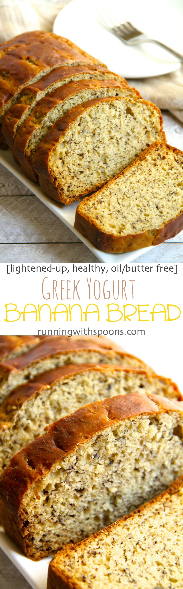 Greek Yogurt Banana Bread -- so soft and tender that you'd never be able to tell it's made without butter or oil! DELICIOUS! || runningwithspoons.com