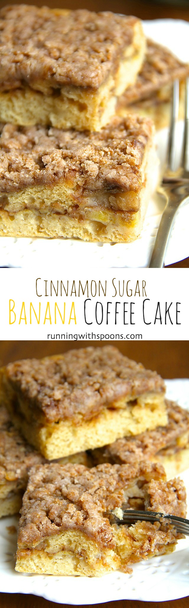 Cinnamon Sugar Banana Coffee Cake -- bananas and Greek yogurt help lighten up this DELICIOUS coffee cake that's healthy enough to enjoy for breakfast! || runningwithspoons.com