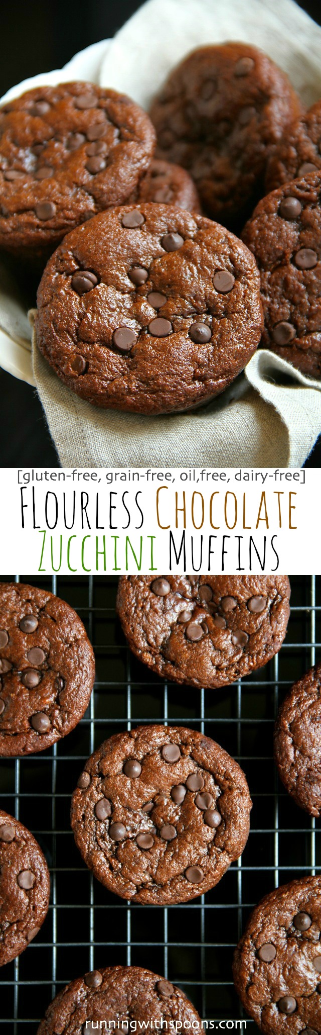 Flourless Chocolate Zucchini Muffins -- gluten-free, grain-free, oil-free, dairy-free, refined sugar-free, but so soft and delicious that you'd never be able to tell! || runningwithspoons.com